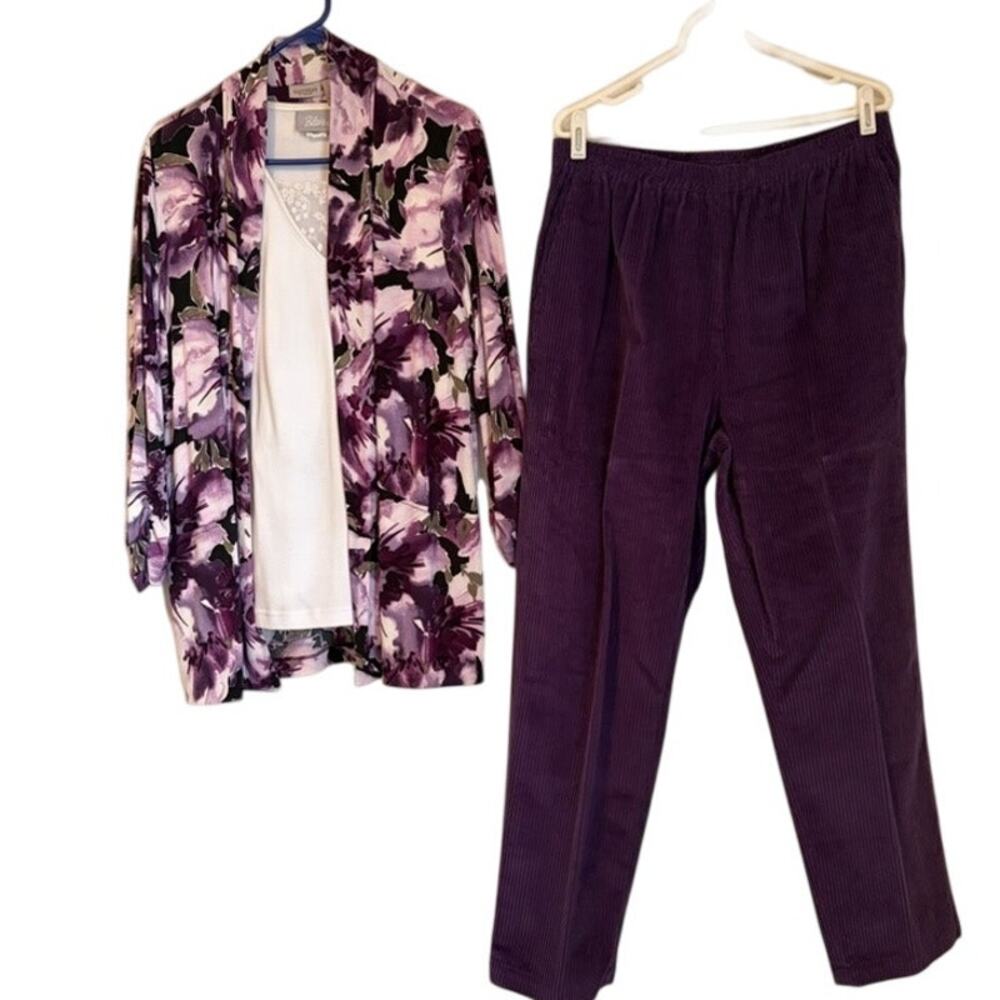 Vintage 3-Piece Women's Outfit Set Purple Floral Blouse Tank Corduroy Pants
